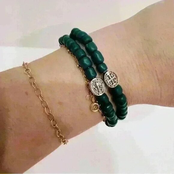 Turquoise African Sandcast Bead Bracelet With St. Benedict Medal - Picture 2 of 2